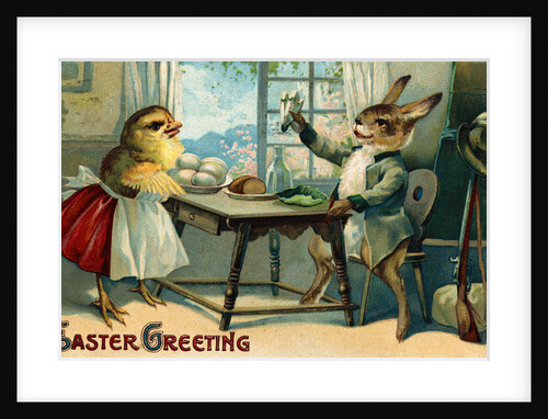 Easter Greeting Postcard Depicting a Rabbit and a Chick by Anonymous