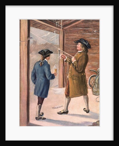 Illustration of Benjamin Franklin and Assistant Performing Lightning Experiment by Anonymous