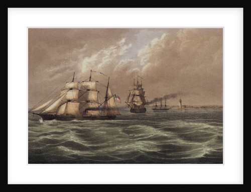 Depiction of Military Vessels Offshore near Lighthouse by Anonymous