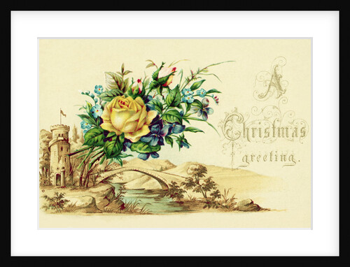 Christmas Card with a Bouquet of Flowers and a Pastoral Setting by Anonymous