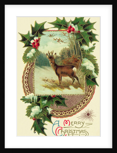 Christmas Card with Deer and Holly by Anonymous