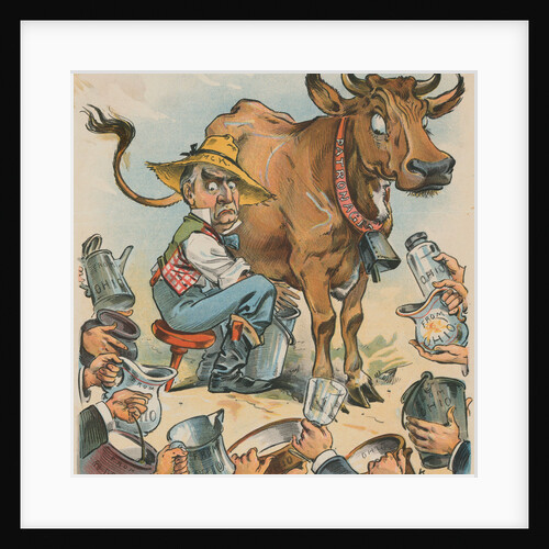 Political Cartoon of Men Waiting for Milk from Cow by Keppler