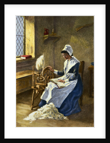 Woman Reading While Spinning at Wheel by Anonymous