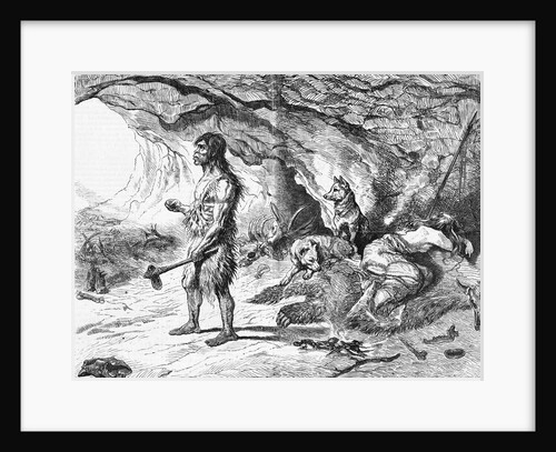 Illustration of Cave Dwellers Outside Their Cave with Dogs by Anonymous