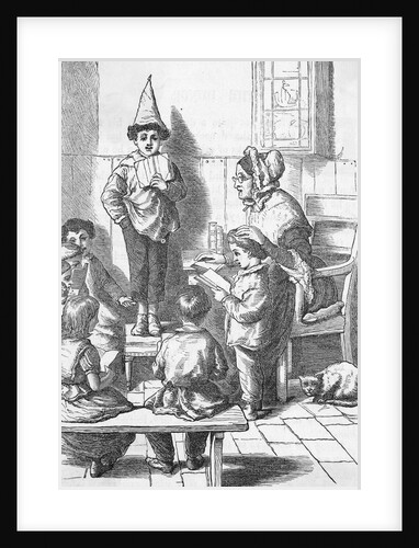 Boy Wearing Dunce Cap in Classroom by Anonymous
