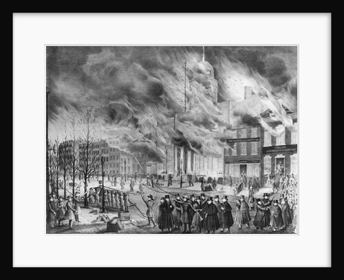 Illustration of Crowd Outside Burning Buildings by Anonymous