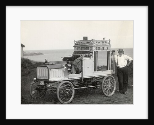 Portrait of Early Popcorn Vendor Next to His Automobile by Anonymous