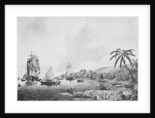 Illustration of Natives and Boats Along Shore in New Zealand by Anonymous