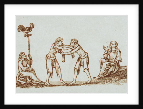 Sepia Engraving of 14th Century Scene with Wrestlers by Anonymous