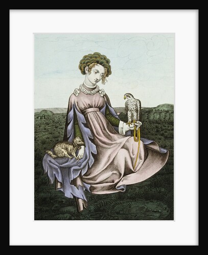 Engraving of Noblewoman With Falcon and Dog by Anonymous