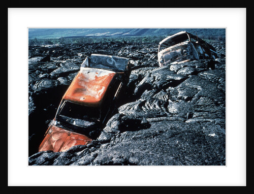 Lava Flow Carrying Automobiles by Anonymous