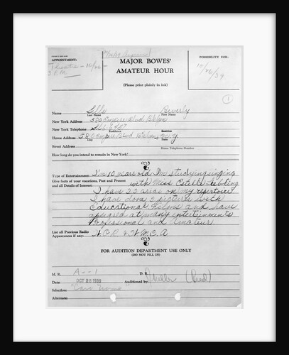 Application Form of Beverly Sills by Anonymous