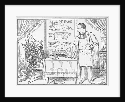 Well, I hardly know which to take first. (Uncle Sam being offered Imperial ist "Bill of Fare"by waiter "McKinley"; menu includes "Cuba Steak", Porto by Anonymous