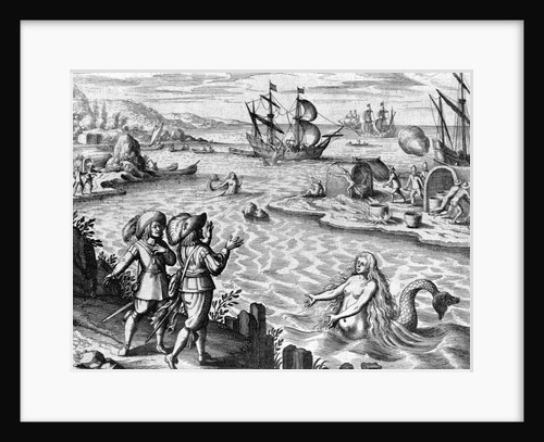 Two Mermaids With Men on an Island by Theodor de Bry From America by Anonymous