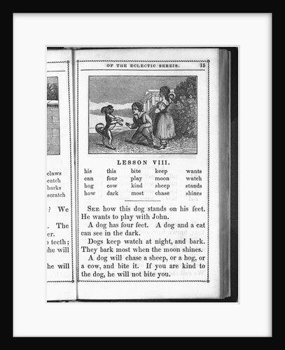 Page from McGuffey's Reader (Eclectic Series) showing boy and girl playing with dog. Lesson (VIII) deals with characteristics of pet dogs by Anonymous