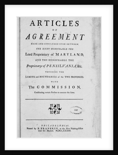 Title Page Woodcut by Benjamin Franklin of the "Articles of Agreement...Maryland and Pensilvania" by Anonymous