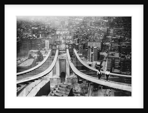 Pedestrians on Footbridge During Construction of Manhattan Bridge by Anonymous