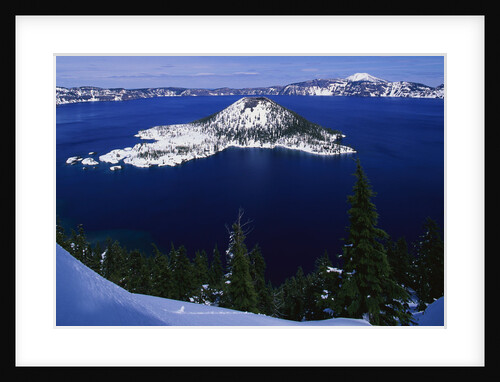 Snow Covered Wizard Island on Crater Lake by Anonymous