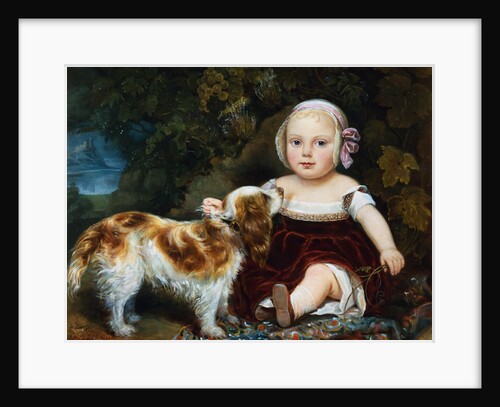 A Young Child with a Brown and White Spaniel by a Leafy Bank by Amila Guillot-Saguez