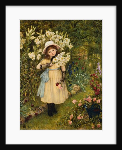 Portrait of Effie Holding a Lily and a Posy of Roses in a Garden by Marie Spartali Stillman