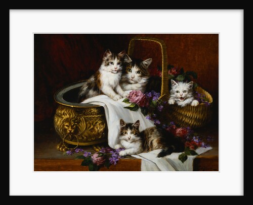 A Tabby Cat with Her Kittens in a Basket of Roses and Violets by Jules Le Roy