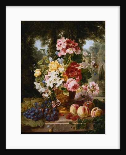 A Vase of Summer Flowers and Fruit on a Ledge in a Landscape by William John Wainwright