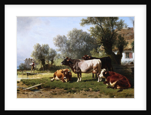 Cattle in a Farmyard Along a River with a Fisherman Beyond by Friedrich Johann Voltz