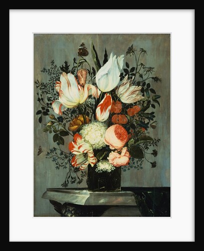 Tulips, Roses, Turk Caps, and Other Flowers in a Glass on a Table by Helen Roouers