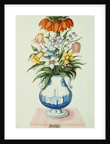 17th Century German Watercolor entitled The Months: Flowers in a Pottery Vase: April: A Crown Imperial, Narcissi, Fritillaries and Lilies of the Valley by Anonymous