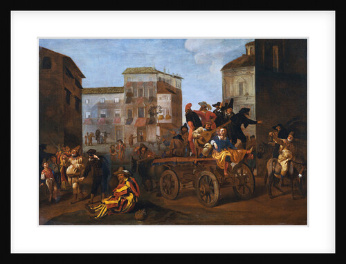 Actors from the Commedia dell'Arte on a Wagon in a Town Square by Jan Miel