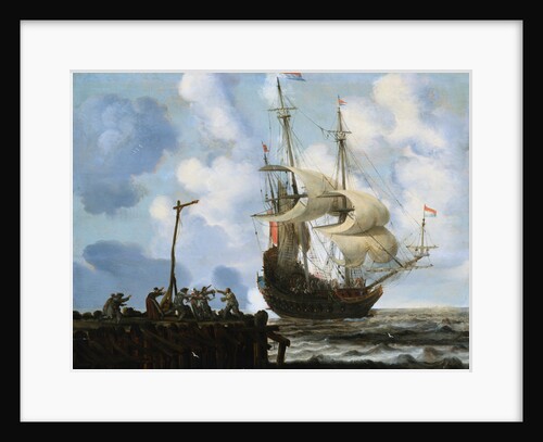 Peasants Skirmishing on a Jetty with a Man-Of-War Firing a Salute Offshore by Cornelis Pietersz de Mooy