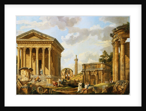 Capricci of Classical Ruins with the Arch of Septimus Severus, Trajan's Column and the Maison Carree, with Philosophers Discoursing and Figures Strolling by School of Giovanni Paolo Panini