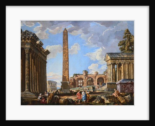 Capricci of Classical Ruins with the Colosseum and the Maison Carree, with Philosophers Discoursing and Figures Strolling by School of Giovanni Paolo Panini