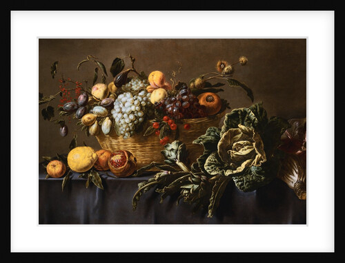 Grapes, Plums and Other Fruits and Nuts in a Wicker Basket with Vegetables on a Draped Table by Adriaen van Utrecht