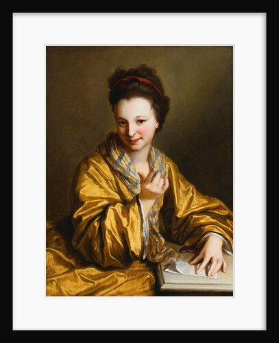 A Young Lady, Wearing a Yellow Robe, Seated at a Table, Beckoning by Jean-Baptiste Santerre