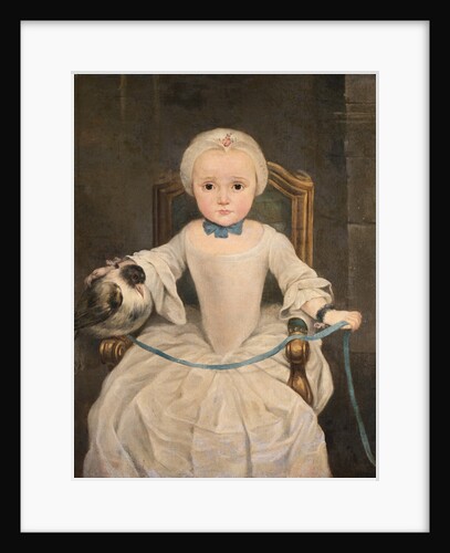 A Young Girl Seated Wearing an Ivory Dress and Bonnet with Her Tame Pigeon Resting on the Arm of Her Chair Secured with a Blue Ribbon by Circle of Christian Lindner