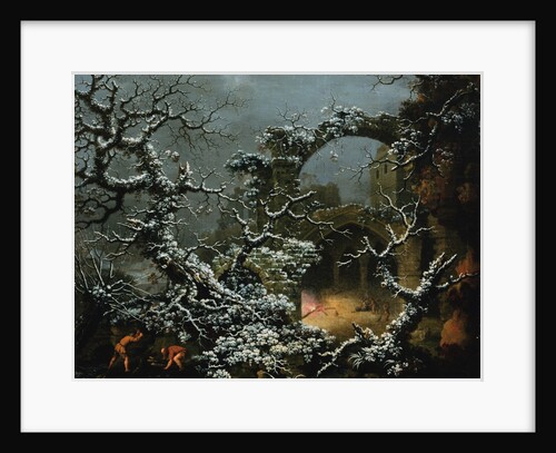 A Snowy Winter Landscape with Woodcutters and Figures Before a Bonfire in a Gothic Ruin by Jules Cesar Denis van Loo