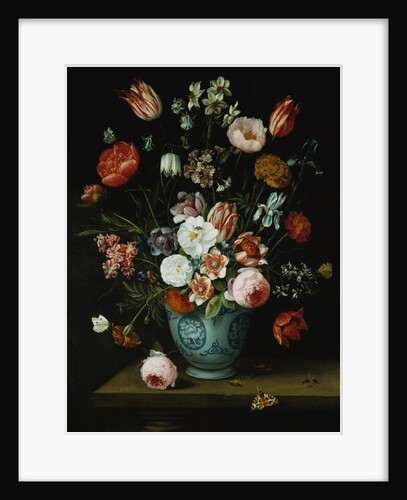 Flowers in a Chinese Transitional Blue and White Jardiniere, with Moths and Other Insects on a Ledge by Jan van Kessel