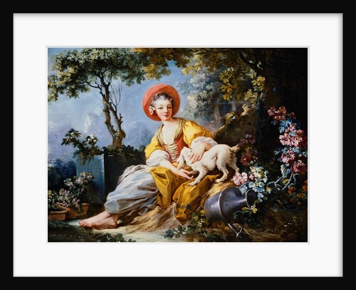 A Young Woman Seated with a Dog and a Watering Can in a Garden by Jean-Honore Fragonard