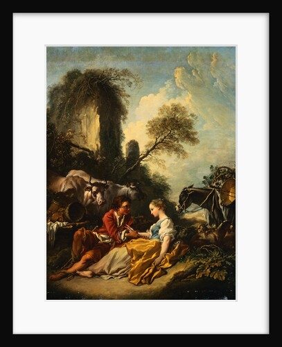 A Pastoral Landscape with a Shepherd and Shepherdess Seated by Ruins by Francois Boucher