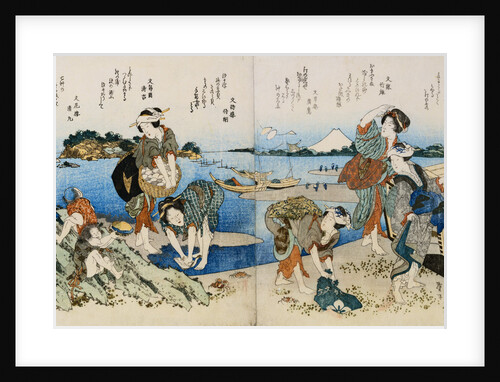 Kakuban Surimono Diptych Women and Boys Gathering Clams on the Seashore Near Enoshima by Katsushika Taito II