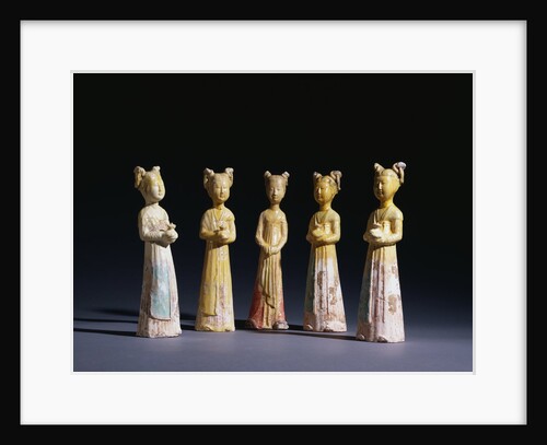 A Group of Five Painted Straw-Glazed Pottery Figures of Female Attendants, Tang Dynasty by Anonymous