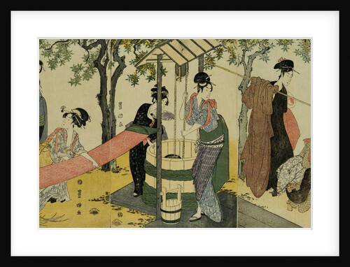 A Triptych of Girls Washing and Stretching Cloth Under the Trees by Toyokuni