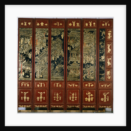 Lacquered Japanese Screen with Figures by Anonymous