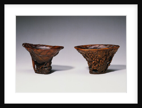 Two Chinese Rhinoceros Horn Libation Cups with Carved Designs by Anonymous