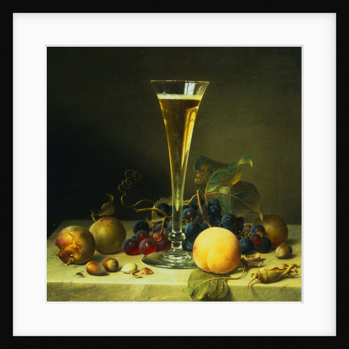 Painting of a Glass of Champagne, a Peach, Plums and a Bunch of Grapes on a Marble Ledge by Johann Wilhelm Preyer