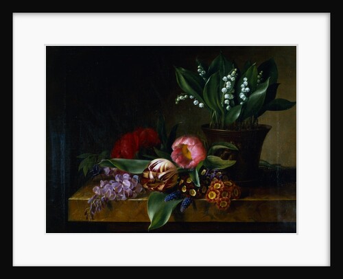 Painting of a Lily of the Valley, Tulips, Primula and Other Flowers on a Ledge by Hanne Hellesen