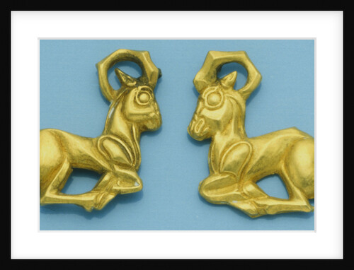 Pair of Ziwiye Gold Ibex Bracteate in the Form of Opposing Ibex, Reclining with Feet Folded. Circa Late 8th-7th Century B.C. by Anonymous