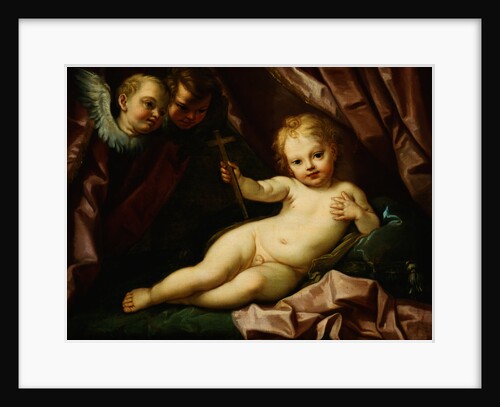 The Infant Christ Reclining Before a Red Curtain, with Two Angels by Giovanni Andrea Sirani