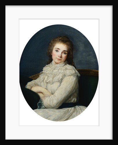 Portrait of a Lady Wearing a White Dress Tied With a Blue Sash On a Sofa by Angelica Kaufmann